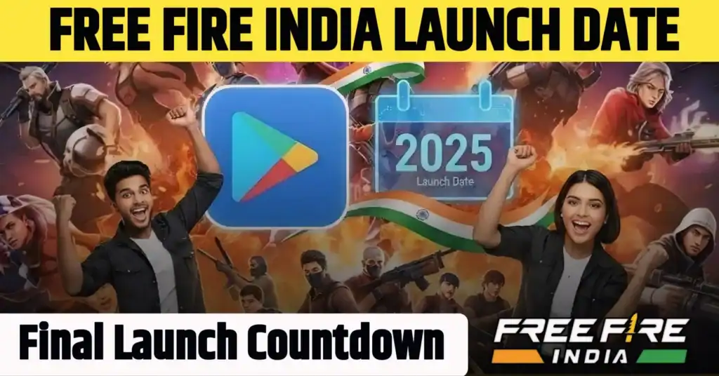 Suchna Updates - SEO-optimized image with gaming enthusiasts, bold text announcing Free Fire India launch date 2025, vibrant background with gaming characters, and countdown for final launch event.